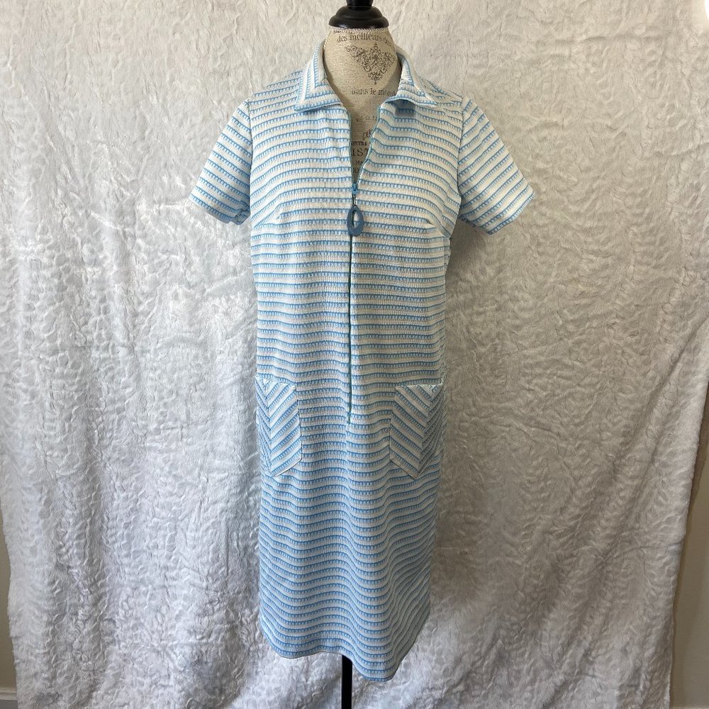 Vintage 60’s Retro Blue & White Chevron Stitch Stripe Abstract Midi Dress Frock